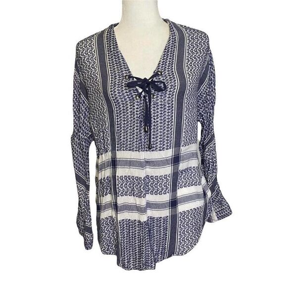 Rails Top Peasant Blouse BlueWhite Long Sleeve Tie Front Knit Size M - Picture 1 of 12